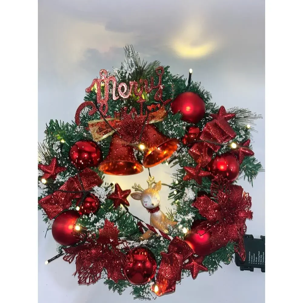 Pre Lit Merry Christmas Wreath with Twinkly Lights plus Reindeer Poinsettia Bell